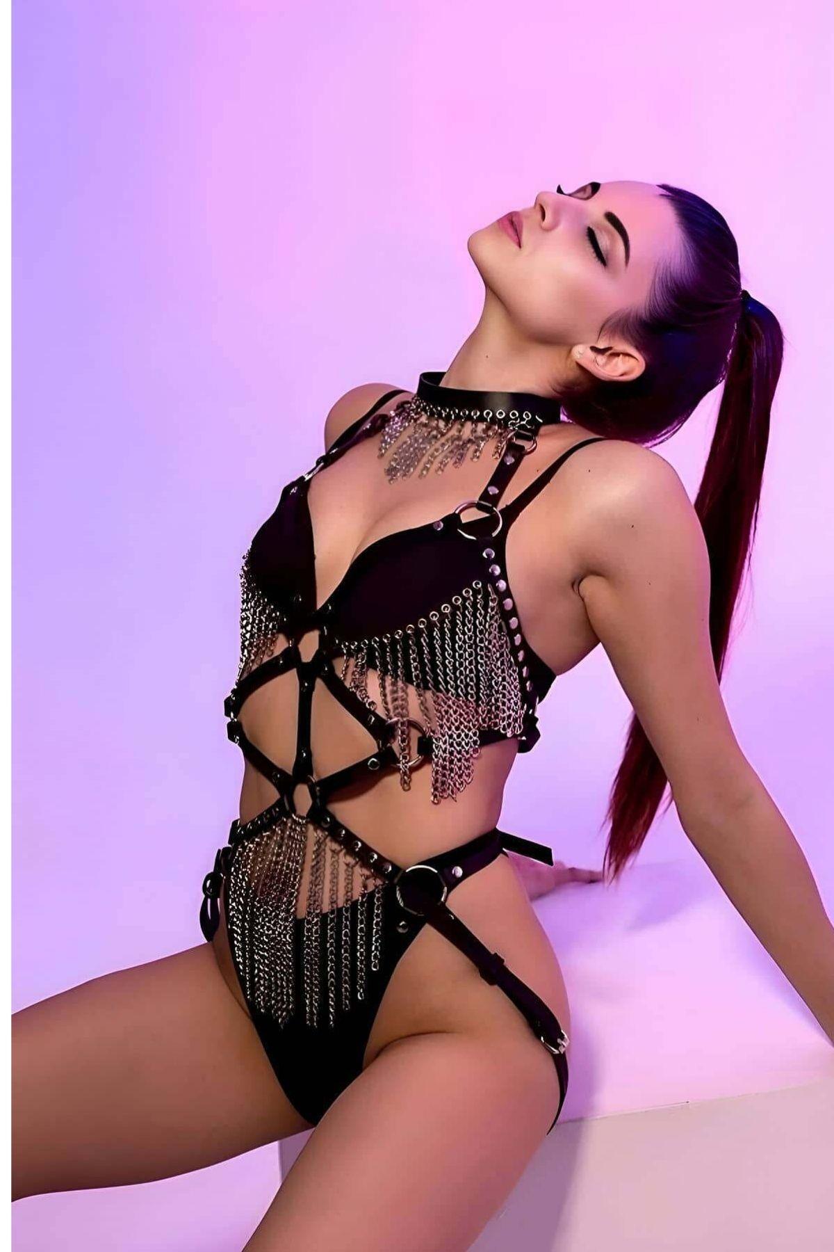 Bella Notte Siyah Zincirli Harness Takım GD-2067 