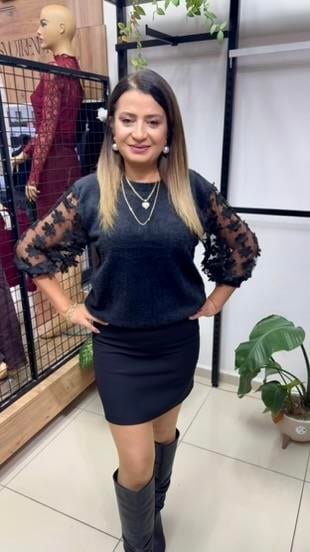 ANGORA SİYAH KOLU TÜLLÜ KAZAK