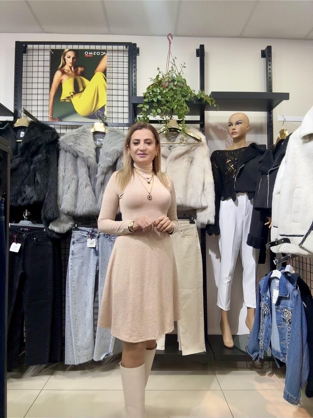 BEJ RENGİ BALIKÇI YAKA KISA KLOŞ ELBİSE