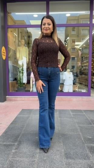 PENSLİ MAVİ İSPANYOL PAÇA KOT PANTOLON
