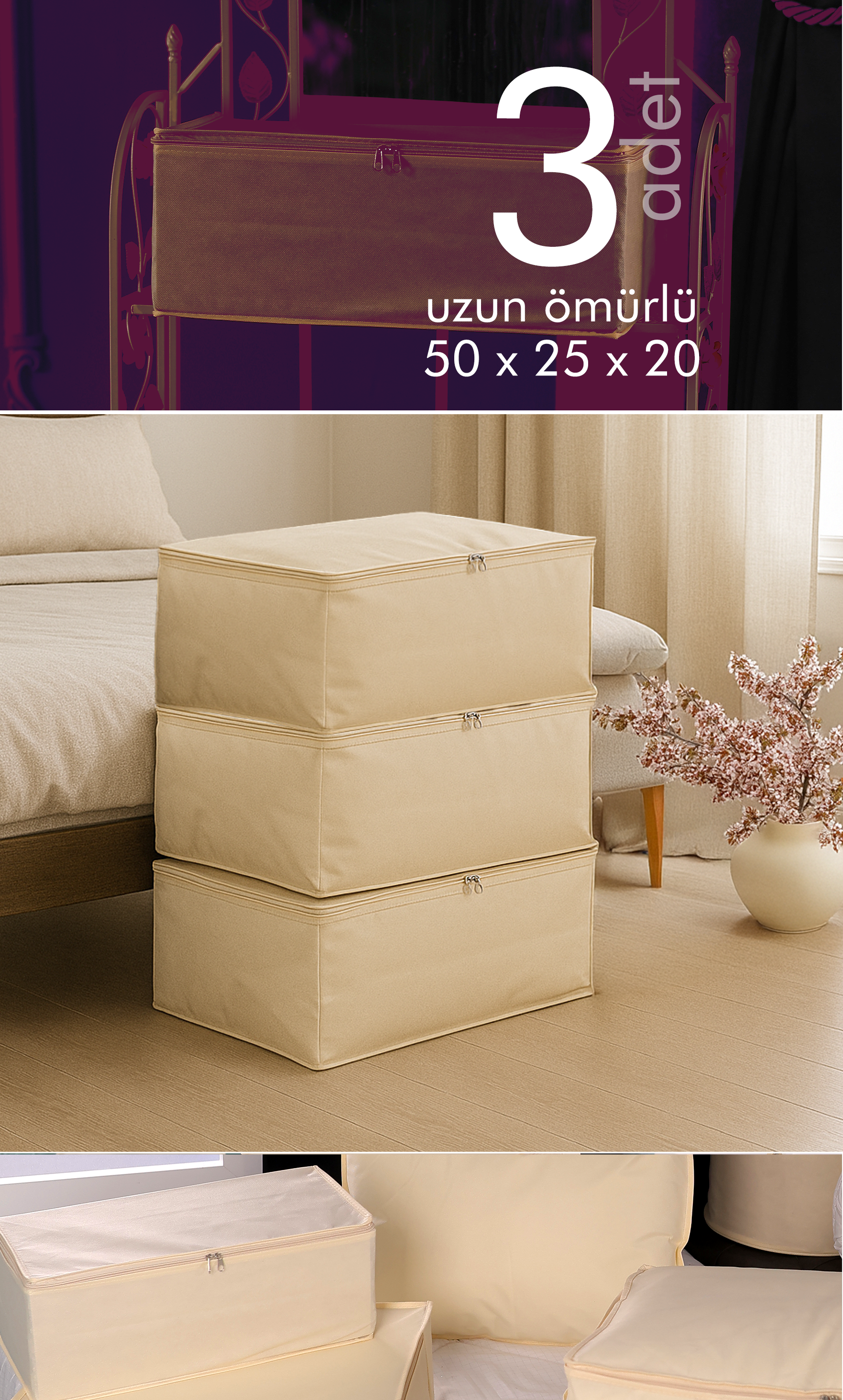 Vedsey Home Organizer3'lü Set Baza Altı Düzenleyici Küçük Boy Hurç Krem 50x25x20 Cm