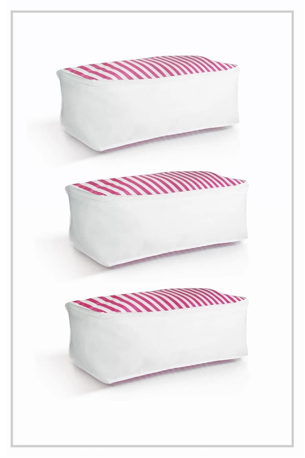 Vedsey Home Organizer3'lü Set Baza Altı Düzenleyici Küçük Boy Hurç Pembe Çizgili 50x25x20 Cm
