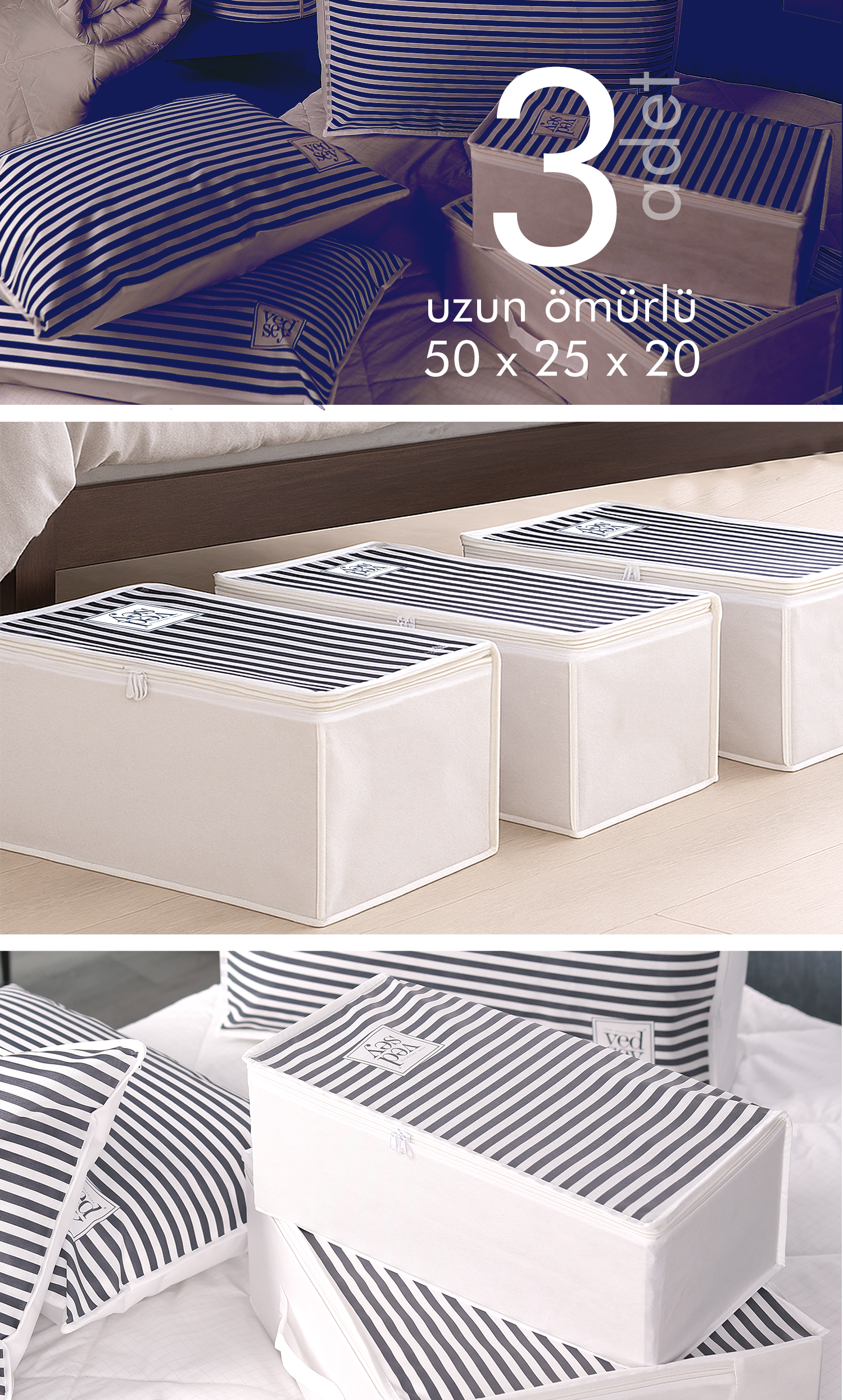 Vedsey Home Organizer3'lü Set Baza Altı Düzenleyici Küçük Boy Hurç Lacivert Çizgili 50x25x20 Cm