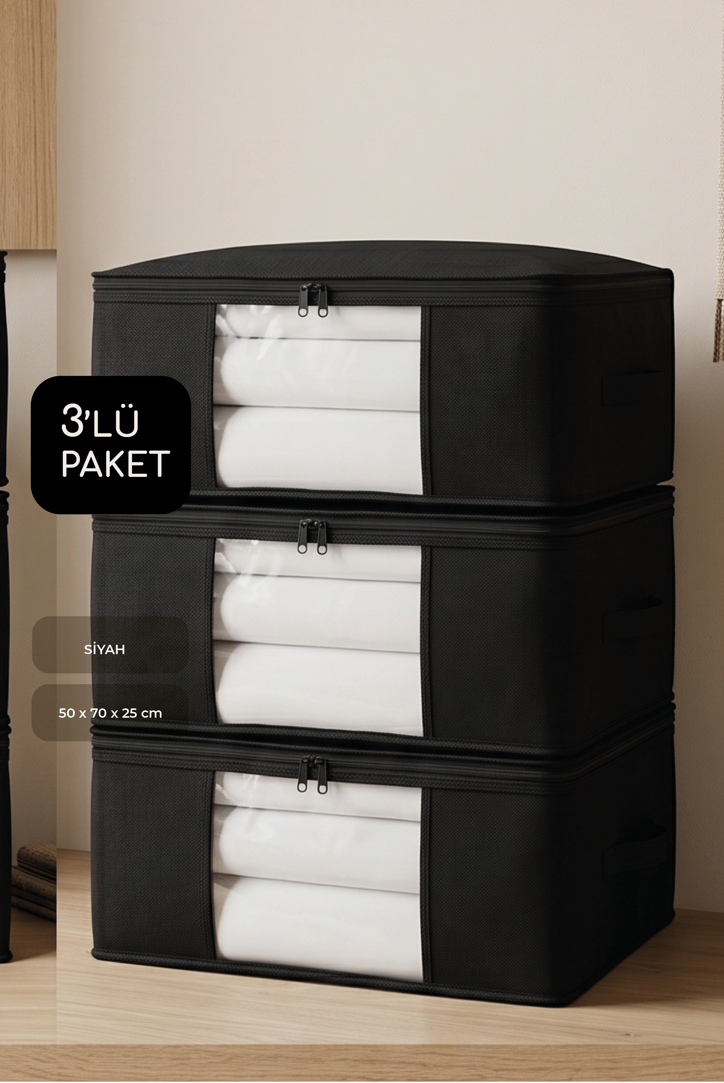Vedsey Home Organizer3'lü Set Baza Altı Düzenleyici Pencereli Büyük Boy Hurç Siyah 70x50x25 Cm