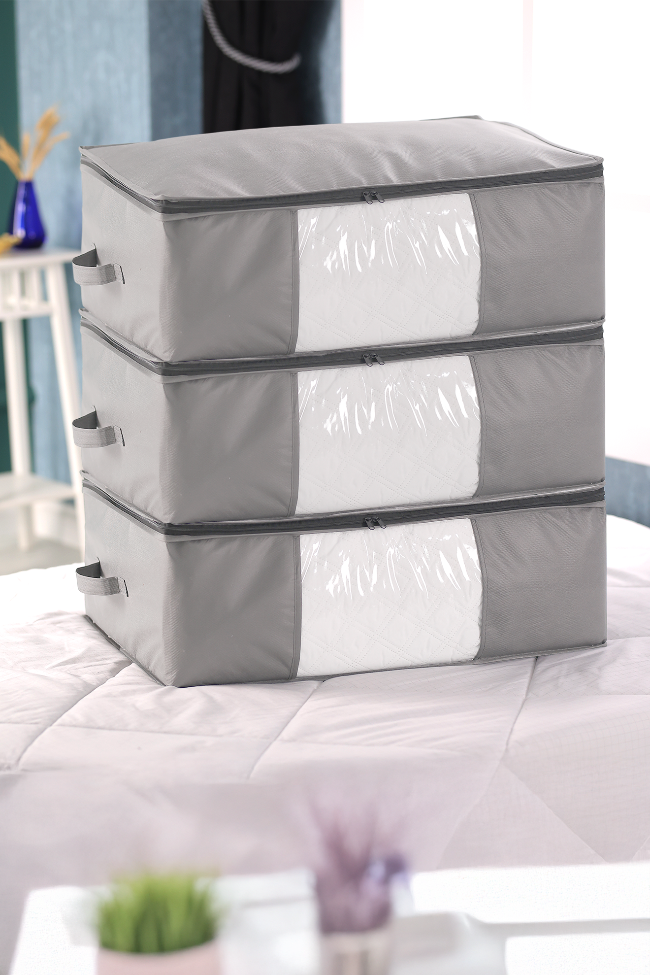 Vedsey Home Organizer3'lü Set Baza Altı Düzenleyici Pencereli Büyük Boy Hurç Gri 70x50x25 Cm