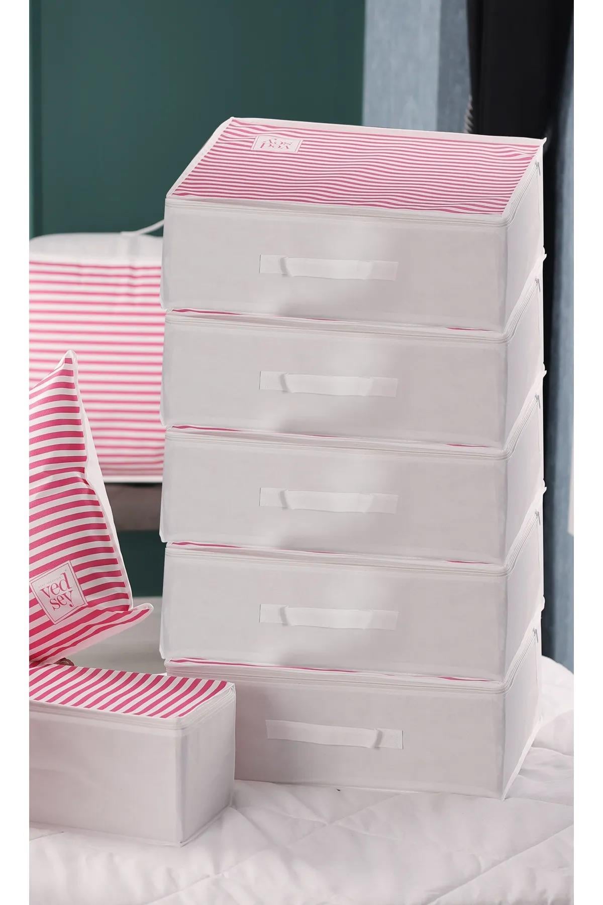 Vedsey Home Organizer3'lü Set Düzenleyici Yorgan Hurcu Pembe Çizgili 53x44x20