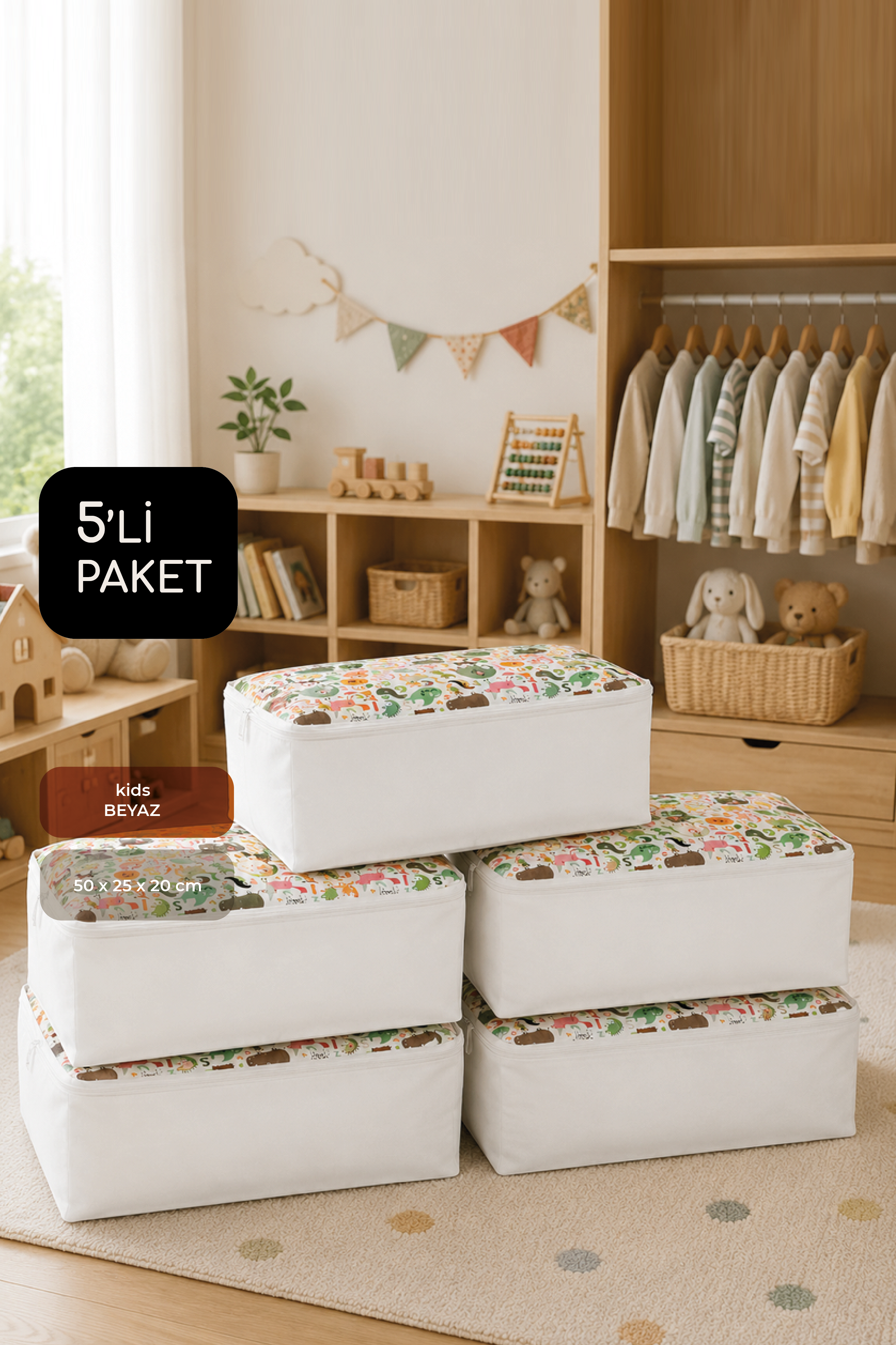 Vedsey Home Organizer5'li Set Baza Altı Düzenleyici Küçük Boy Hurç Sevimli Hayvan Desenli 50x25x20 Cm