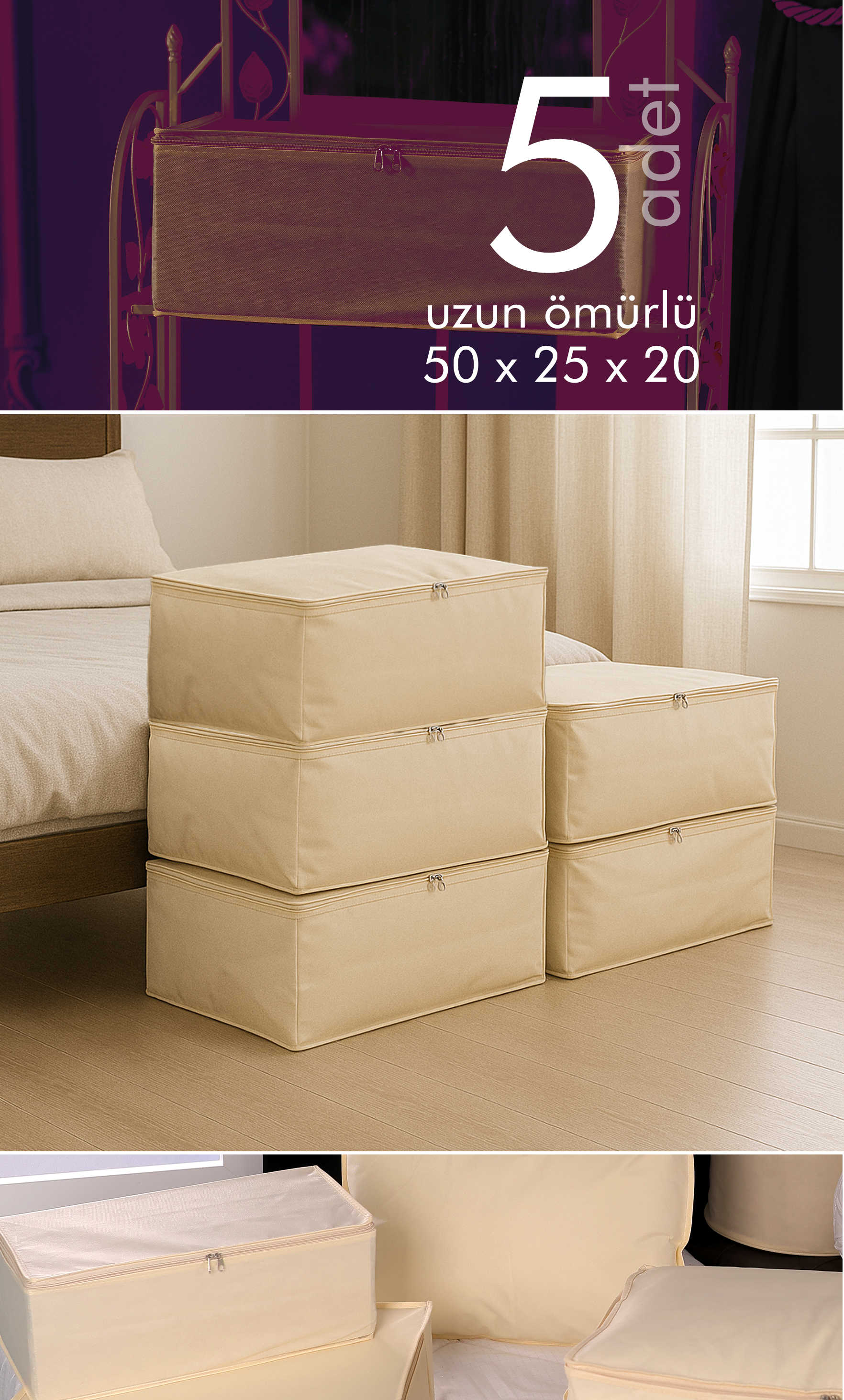 Vedsey Home Organizer5'li Set Baza Altı Düzenleyici Küçük Boy Hurç Krem 50x25x20 Cm