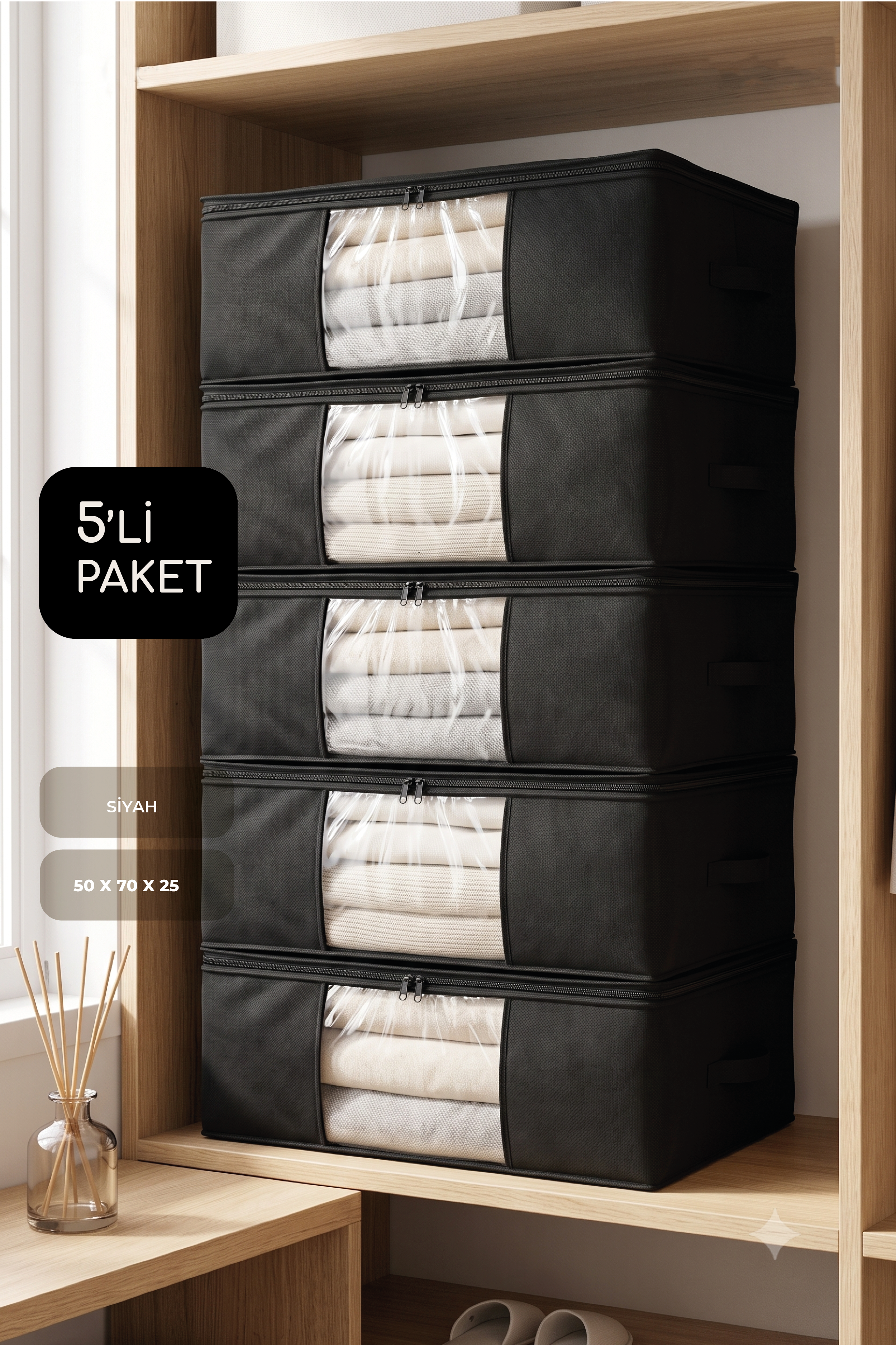 Vedsey Home Organizer5'li Set Baza Altı Düzenleyici Pencereli Büyük Boy Hurç Siyah 70x50x25 Cm