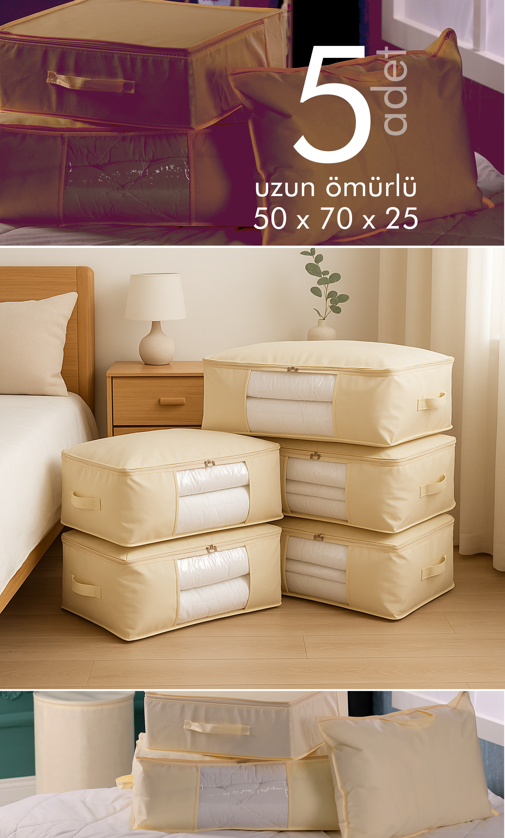 Vedsey Home Organizer5'li Set Baza Altı Düzenleyici Pencereli Büyük Boy Hurç Krem 70x50x25 Cm