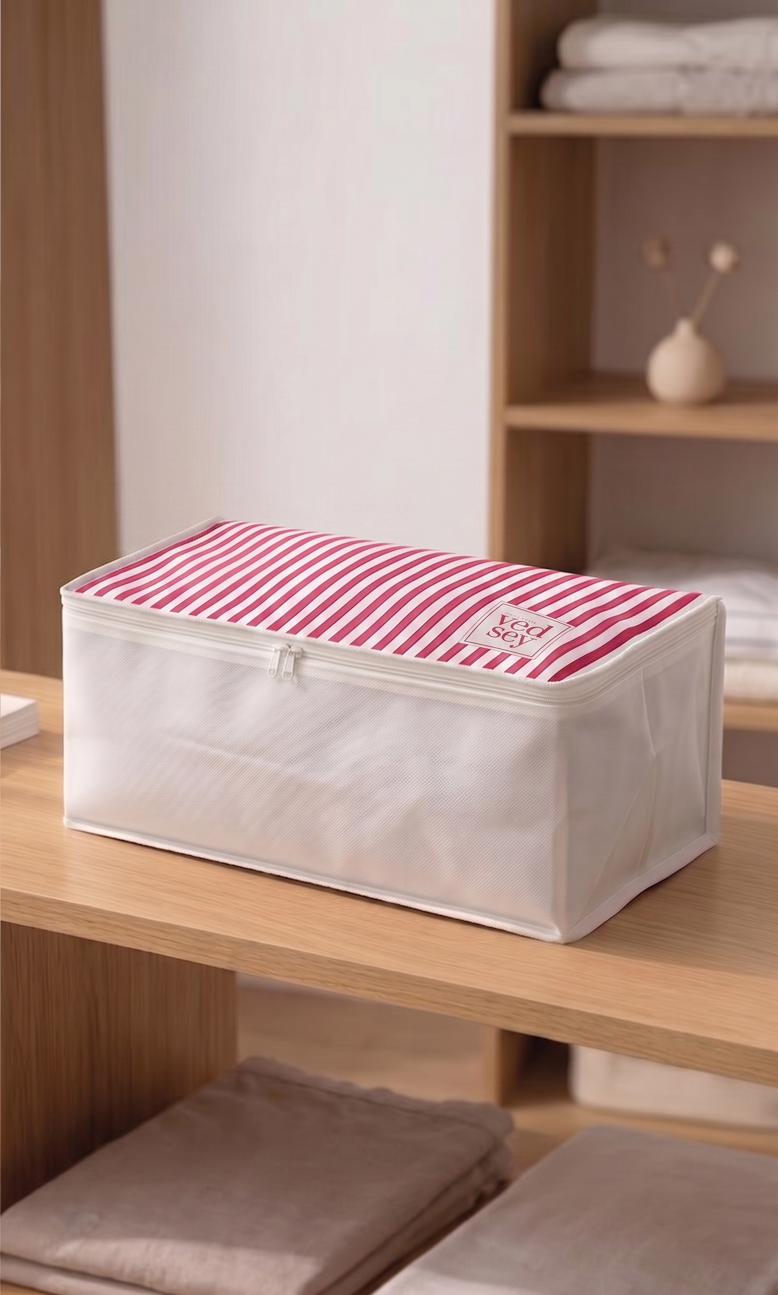 Vedsey Home OrganizerBaza Altı Düzenleyici Küçük Boy Hurç Pembe Çizgili 50x25x20 Cm