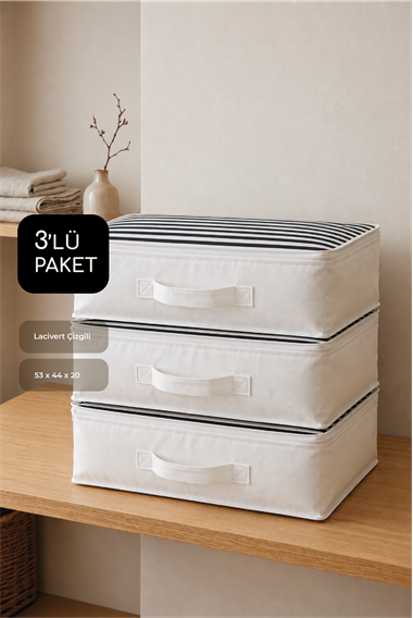 Vedsey Home Organizer3'lü Set Düzenleyici Yorgan Hurcu Lacivert Çizgili 53x44x20