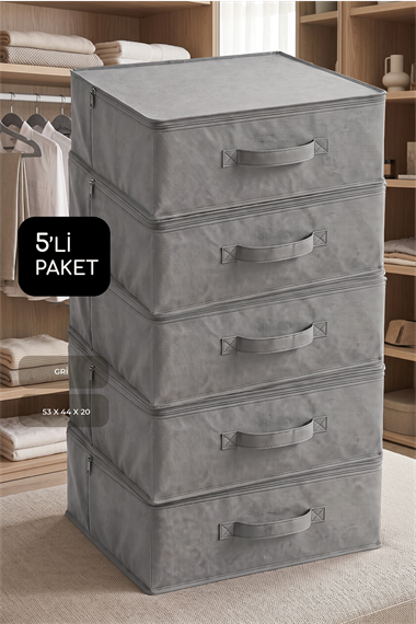 Vedsey5'li Set 53 x 44 x 21 Cm Baza Altı & Dolap İçi Organizer, Yorgan & Yastık Düzenleyici Hurç Gri
