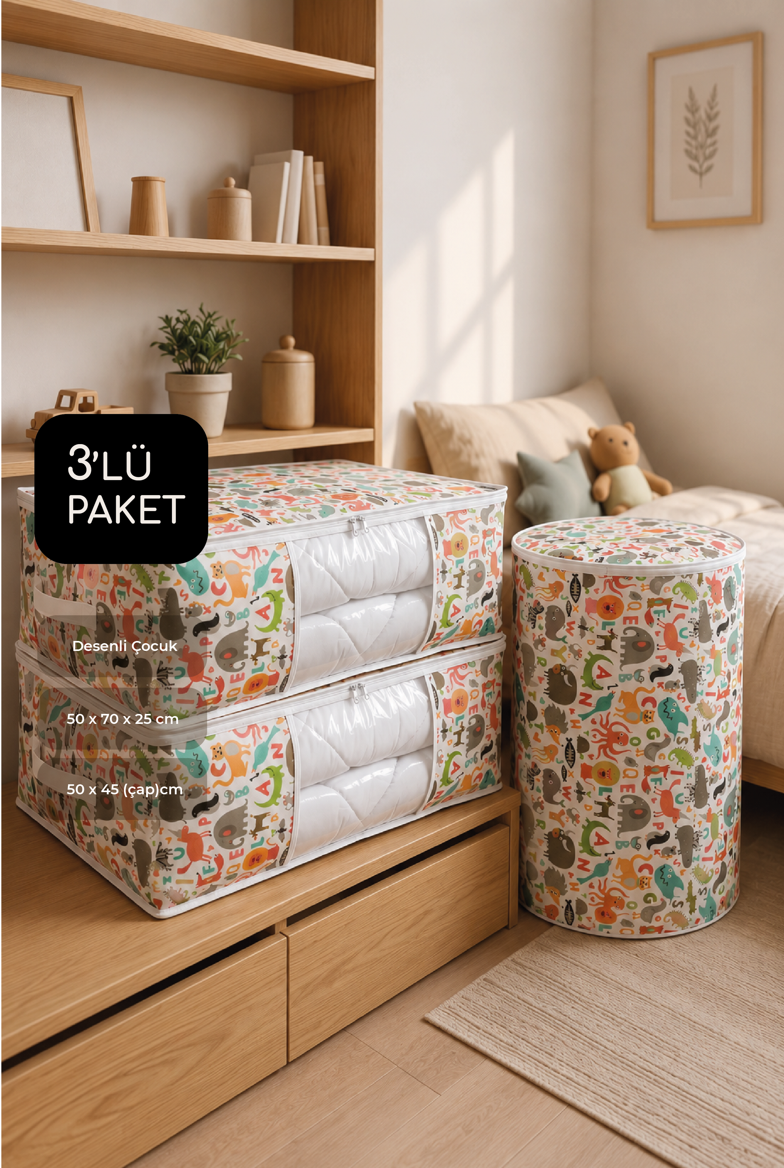 Vedsey Home Organizer3'lü Set 50x70x25 - 50x45 Çocuk Hayvan Baskılı Organizer Düzenleyici Set
