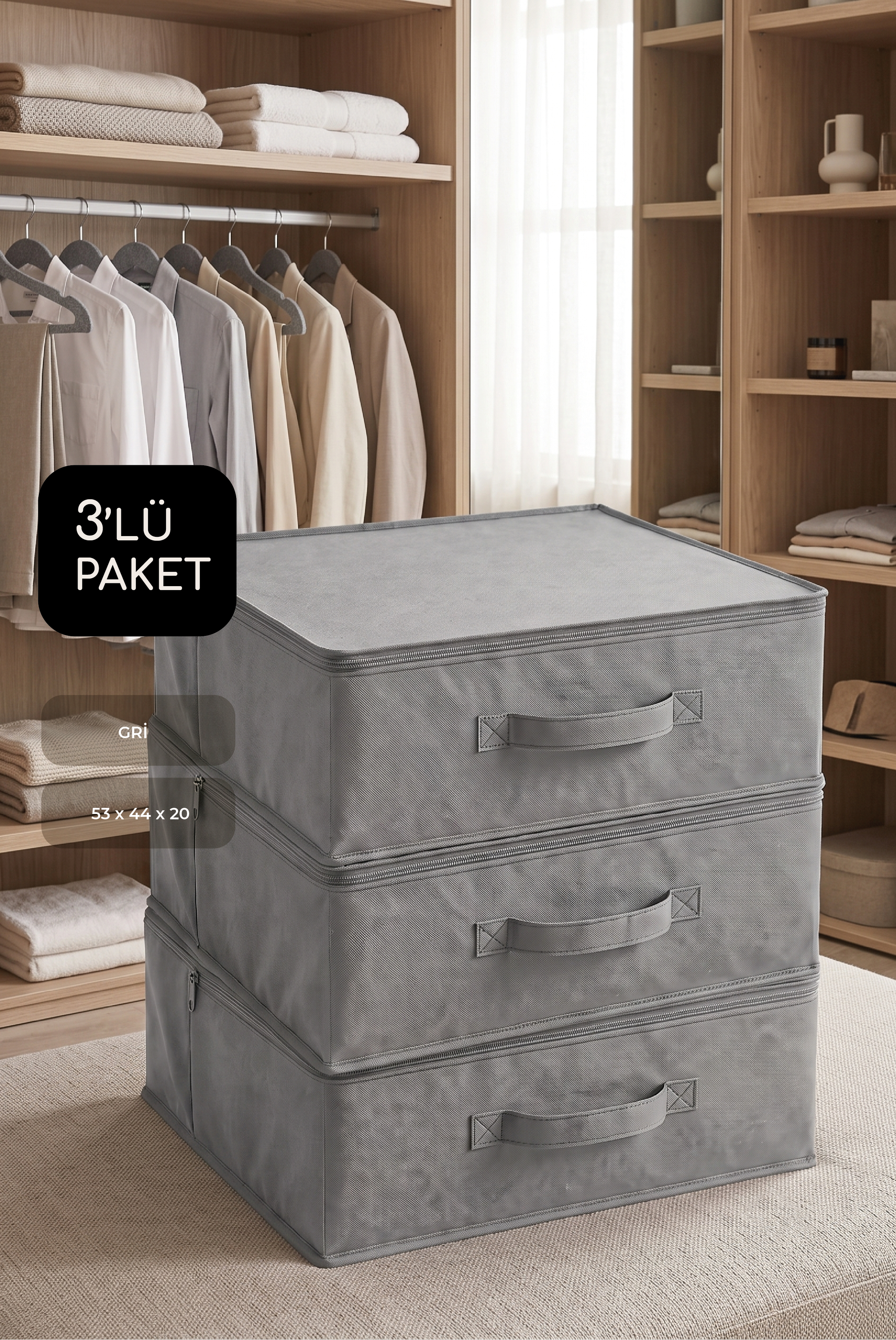 Vedsey3'lü Set 53 x 44 x 21 Cm Baza Altı & Dolap İçi Organizer, Yorgan & Yastık Düzenleyici Hurç Gri