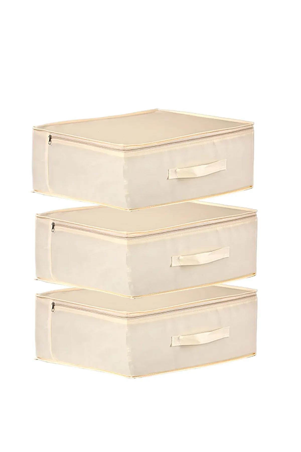 Vedsey3'lü Set 53 x 44 x 21 Cm Baza Altı & Dolap İçi Organizer, Yorgan & Yastık Düzenleyici Hurç Krem