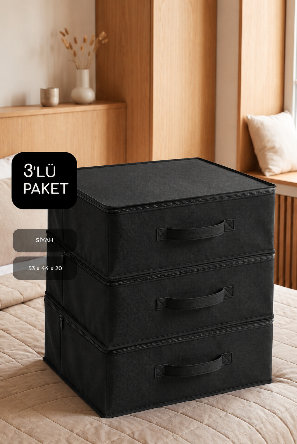 Vedsey3'lü Set 53x44x20 Cm Home Organizer Çekyat & Baza Altı Düzenleyici Hurç Siyah