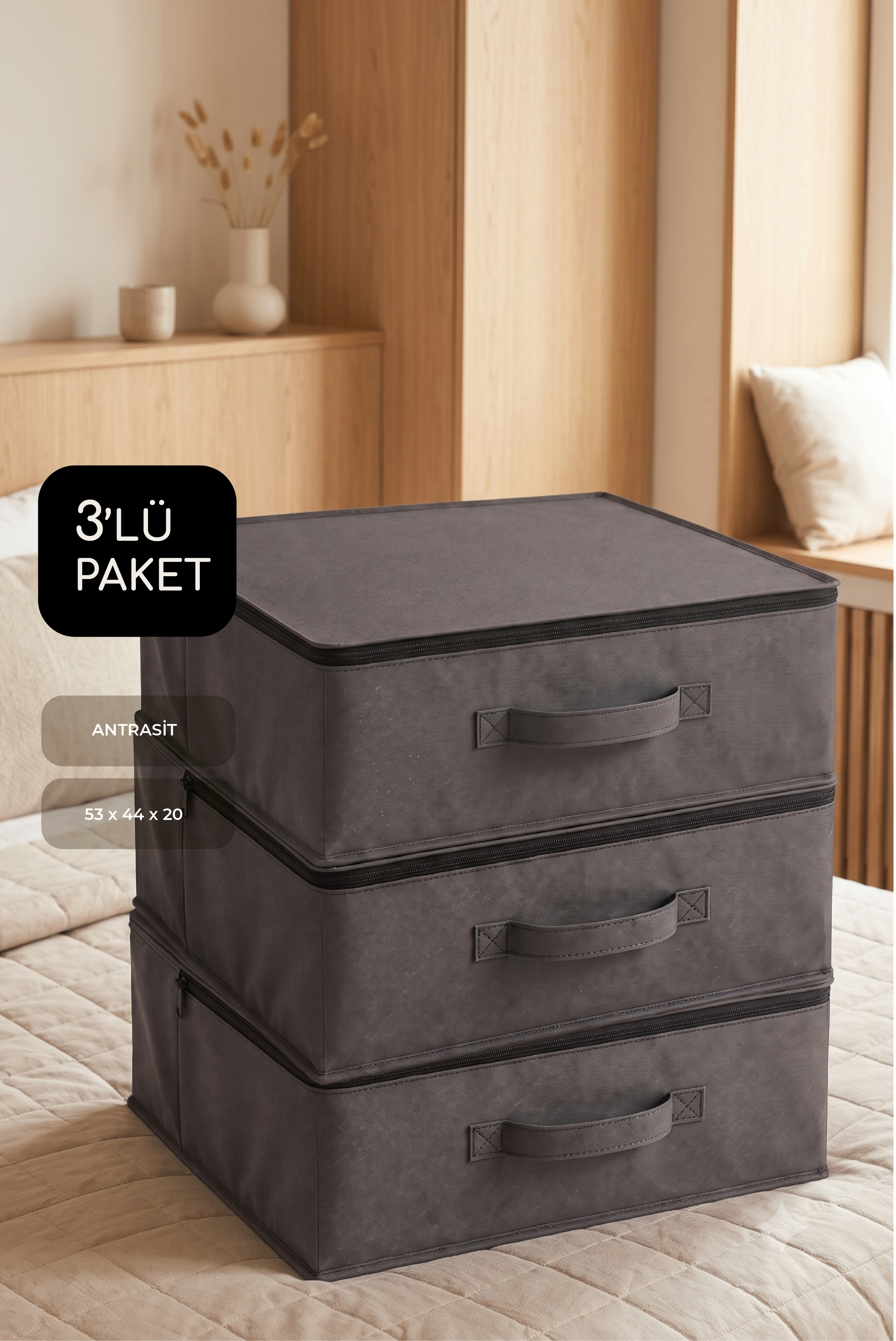 Vedsey3'lü Set 53x44x21 Cm Baza Altı & Dolap Içi Organizer, Yorgan & Yastık Düzenleyici Hurç Antrasit Gri
