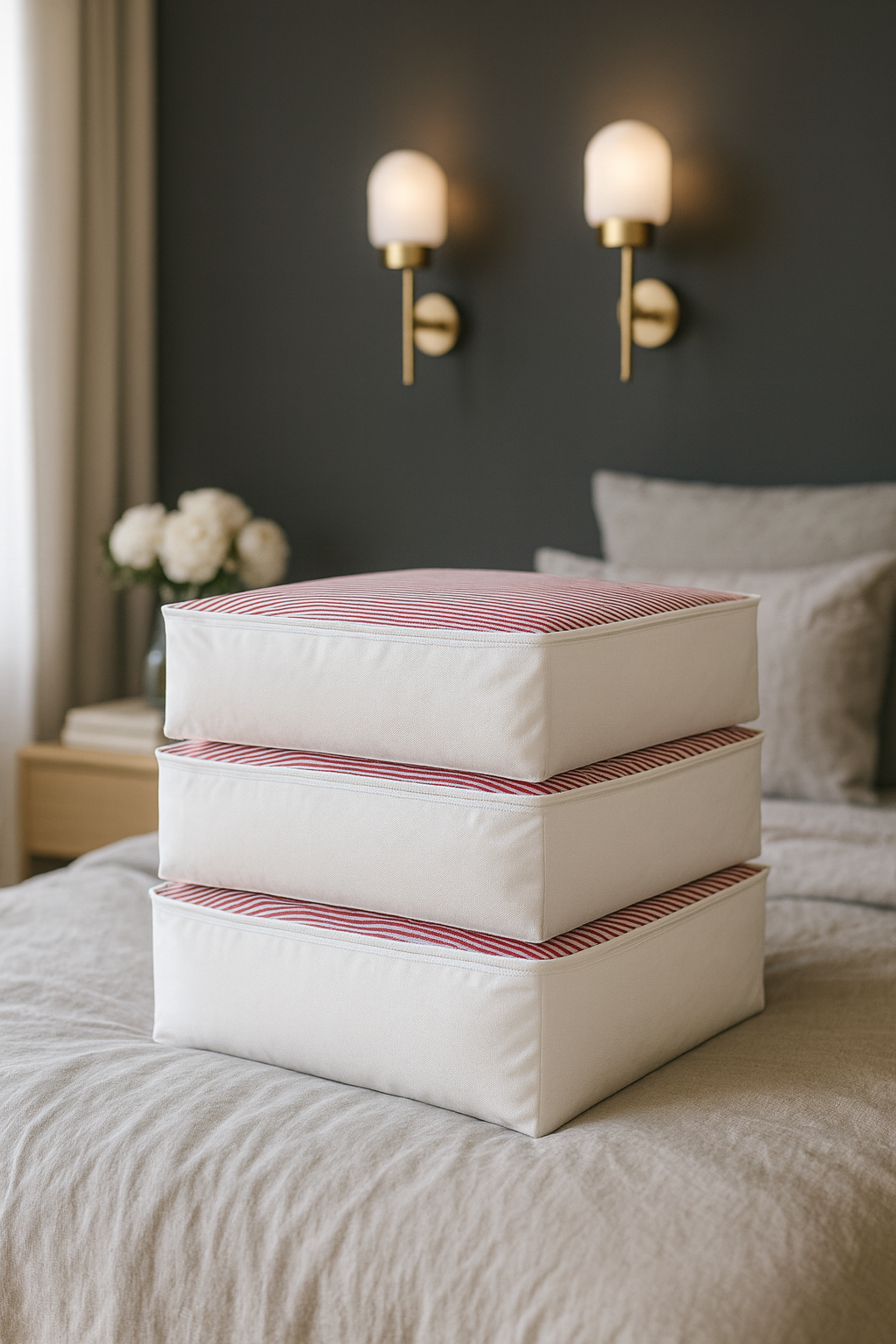 Vedsey Home Organizer3'lü Set Baza Altı Düzenleyici Büyük Boy Hurç Pembe Çizgili 70x50x25 Cm