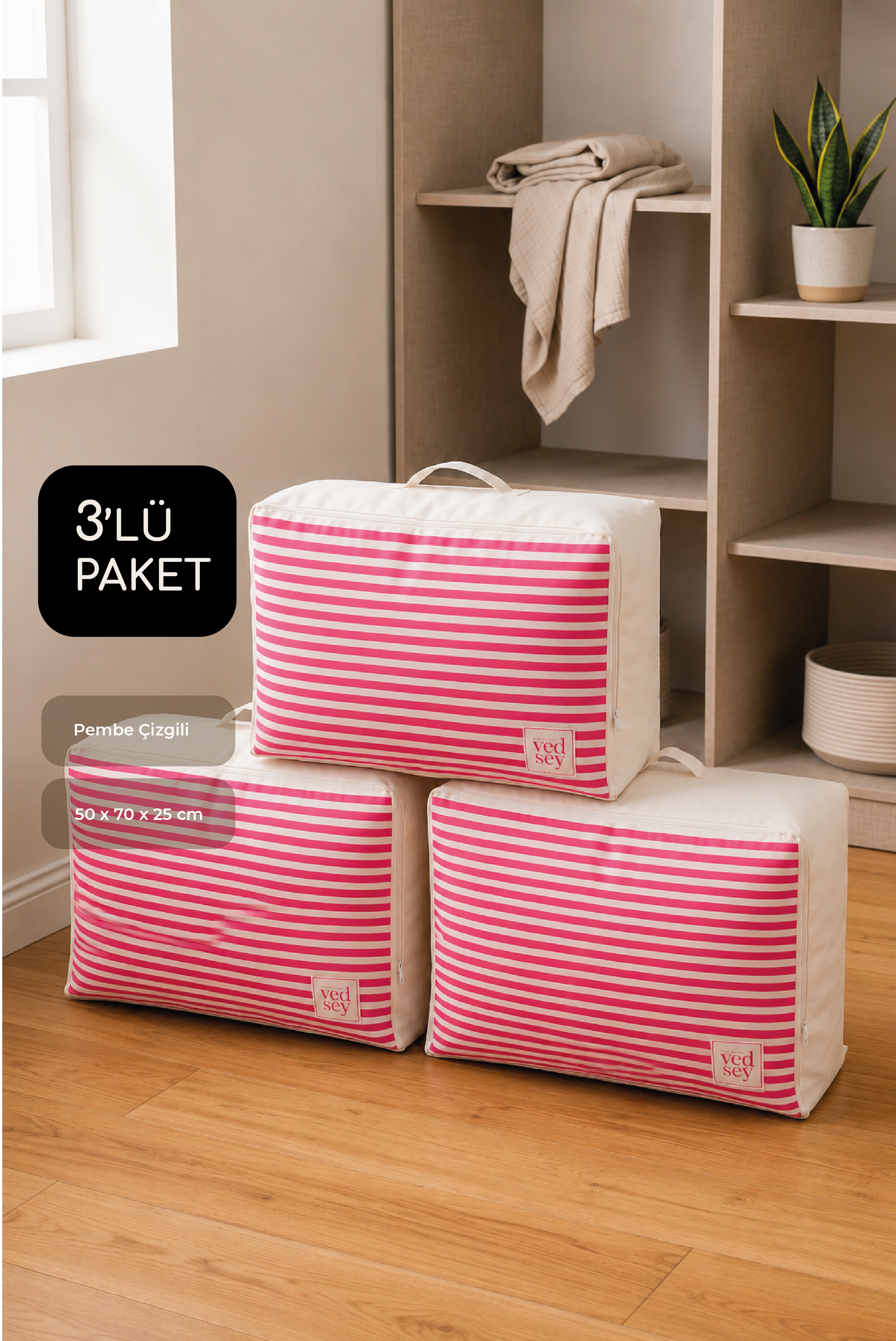 Vedsey Home Organizer3'lü Set Baza Altı Düzenleyici Büyük Boy Hurç Pembe Çizgili 70x50x25 Cm