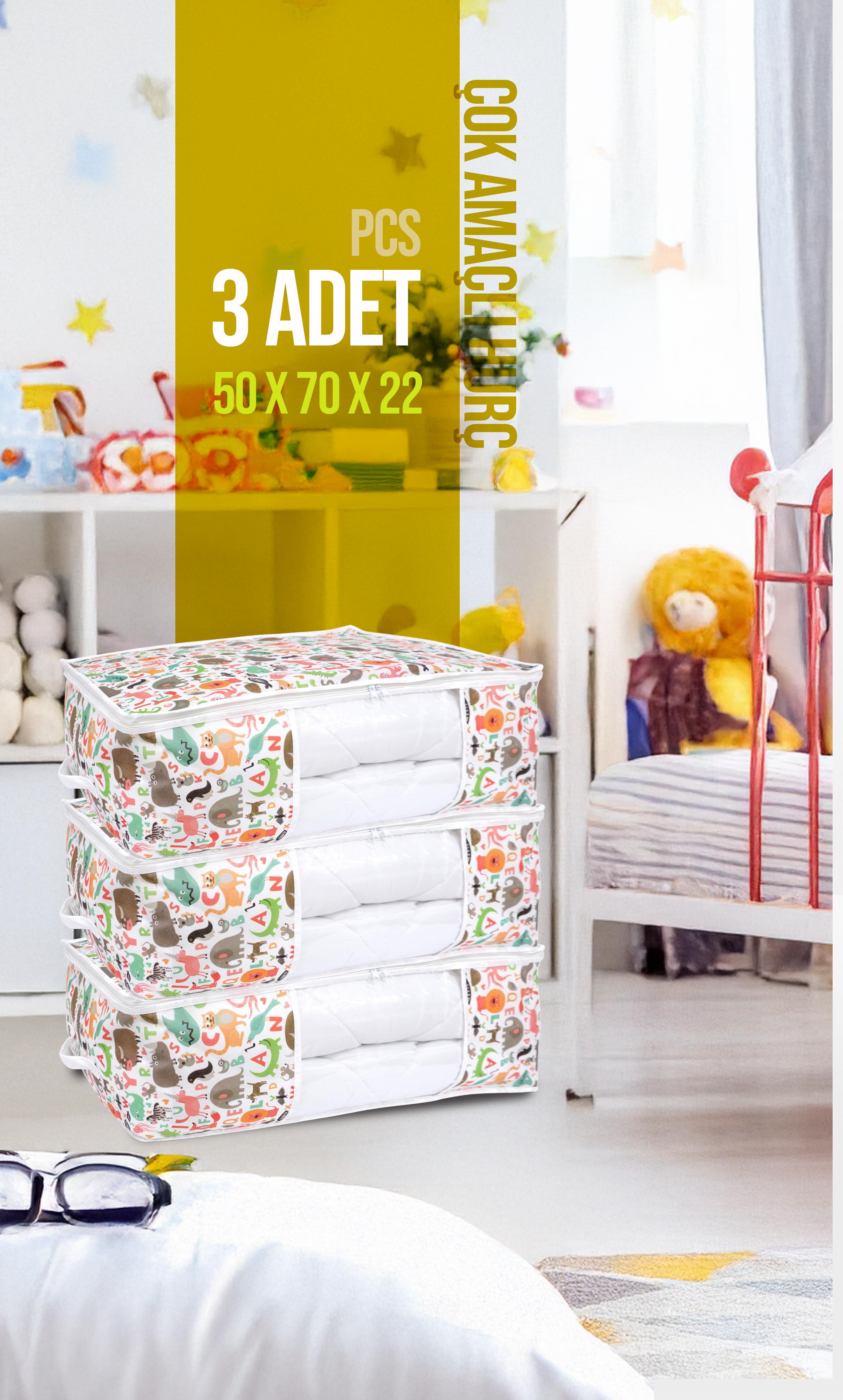 Vedsey Home Organizer3'lü Set Baza Altı Düzenleyici Pencereli Büyük Boy Hurç Sevimli Hayvan Desenli 70x50x25 Cm