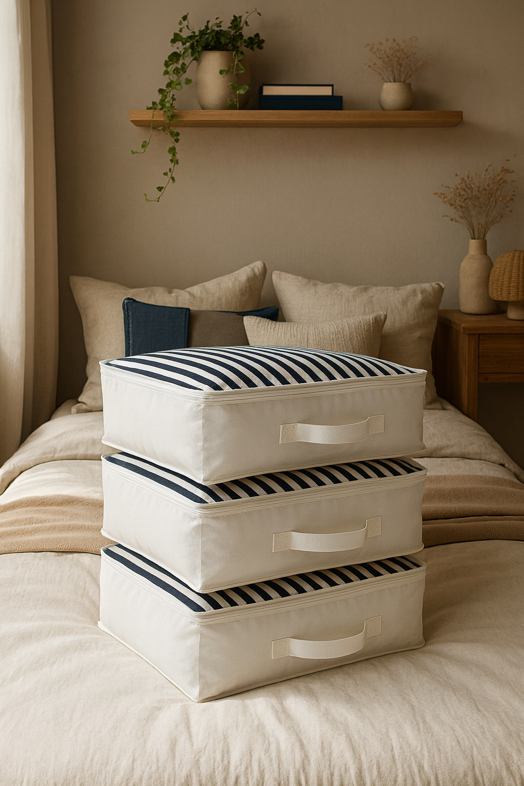 Vedsey Home Organizer3'lü Set Düzenleyici Yorgan Hurcu Lacivert Çizgili 53x44x20