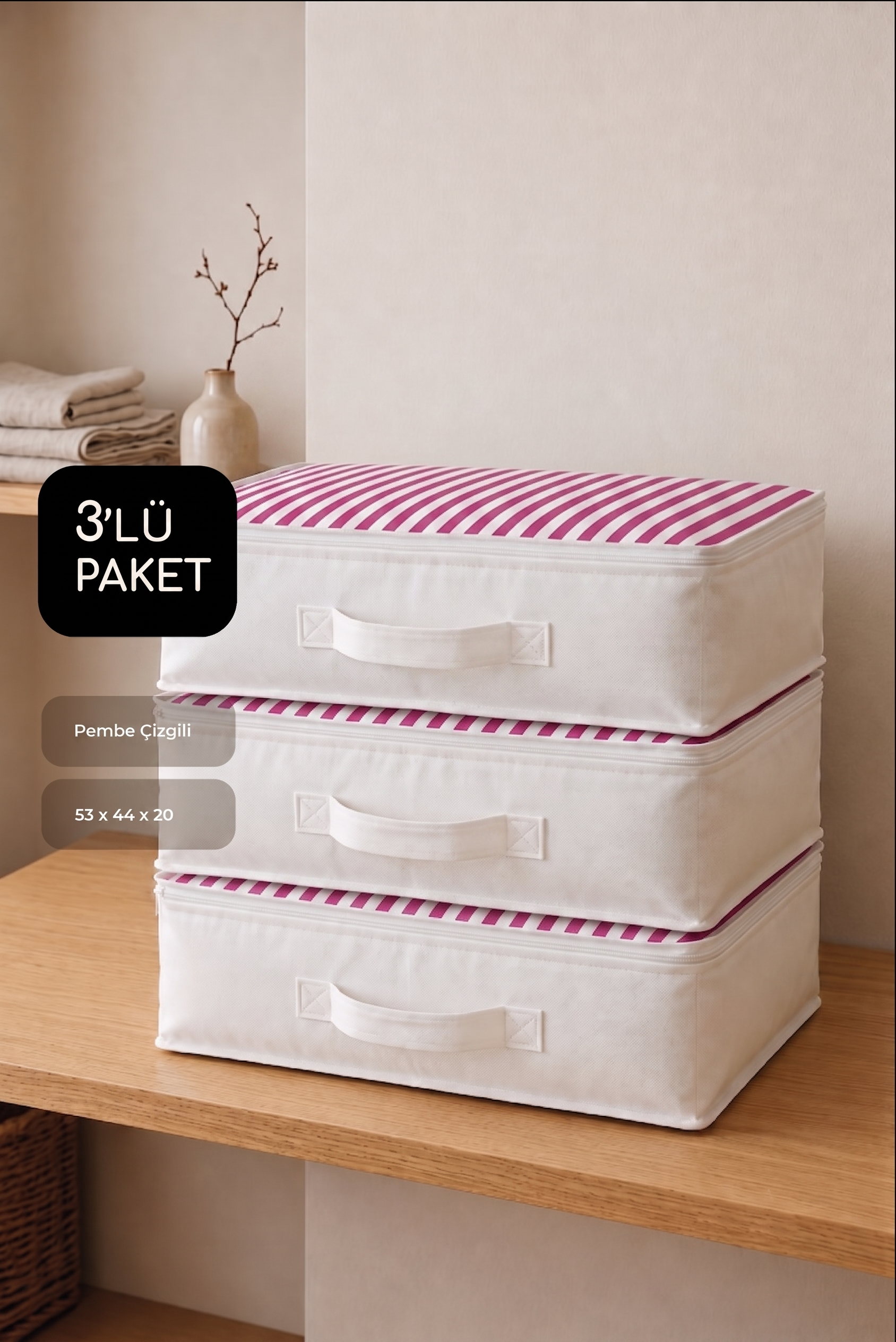 Vedsey Home Organizer3'lü Set Düzenleyici Yorgan Hurcu Pembe Çizgili 53x44x20