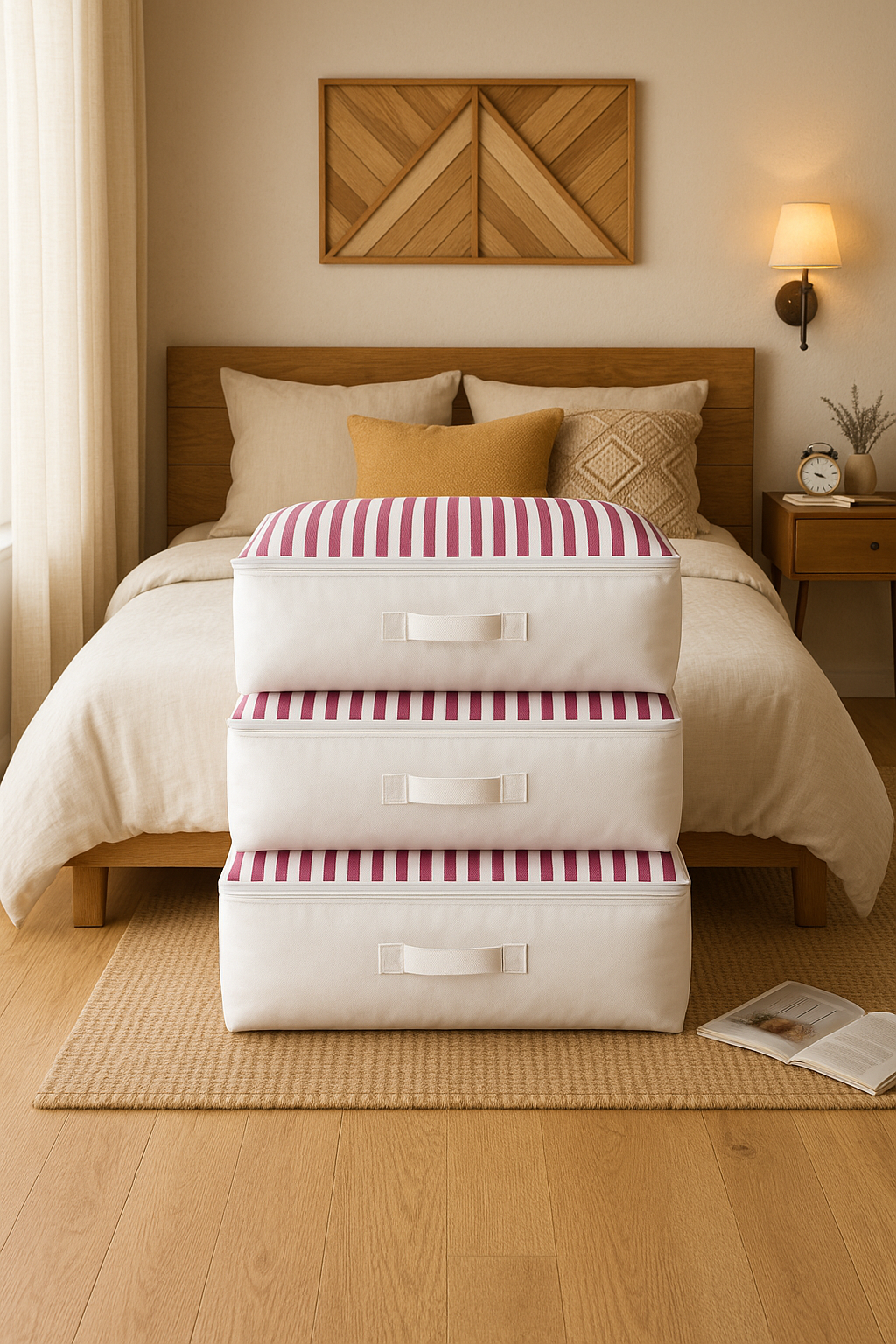 Vedsey Home Organizer3'lü Set Düzenleyici Yorgan Hurcu Pembe Çizgili 53x44x20