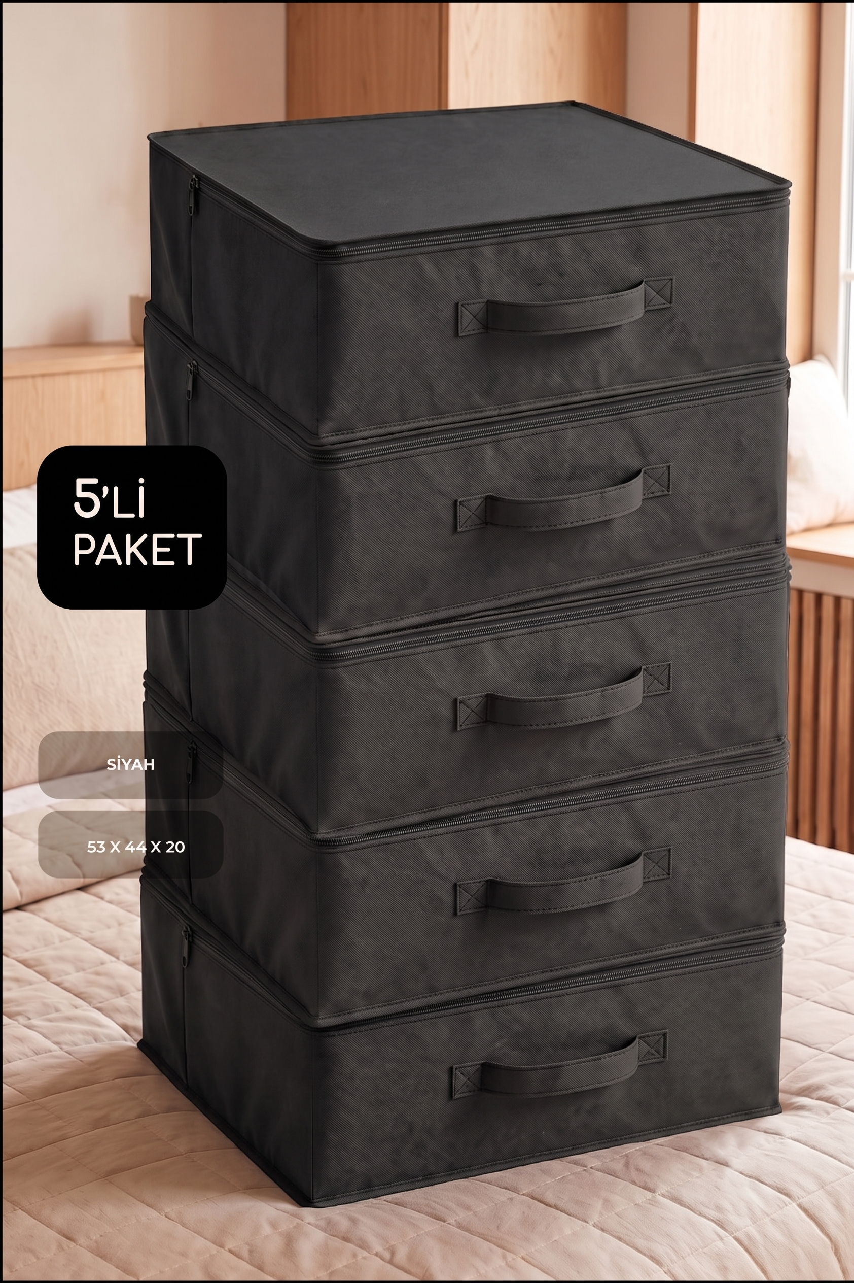 Vedsey5'li Set 53x44x20 Cm Home Organizer Çekyat & Baza Altı Düzenleyici Hurç Siyah