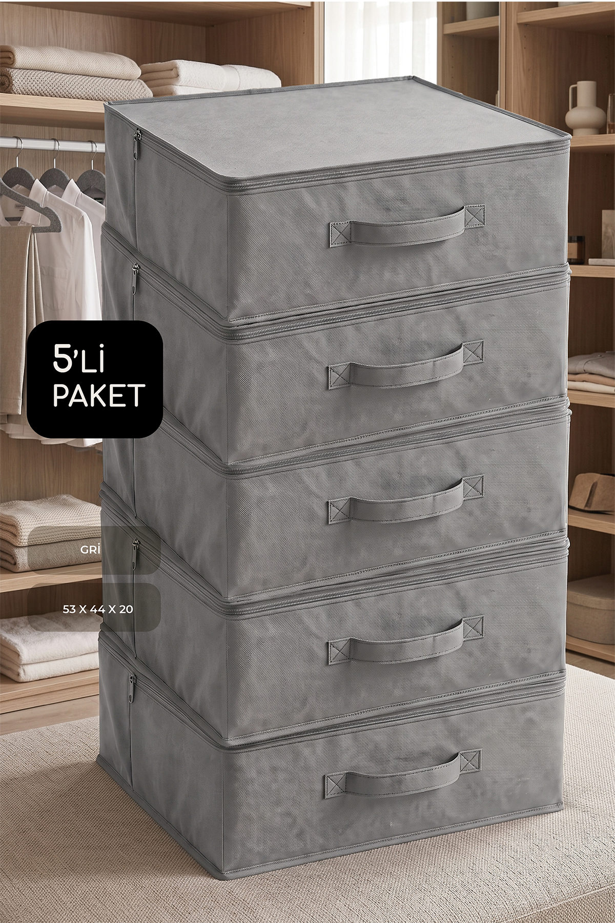 Vedsey5'li Set 53x44x20 Cm Home Organizer Çekyat & Baza Altı Hurç Gri