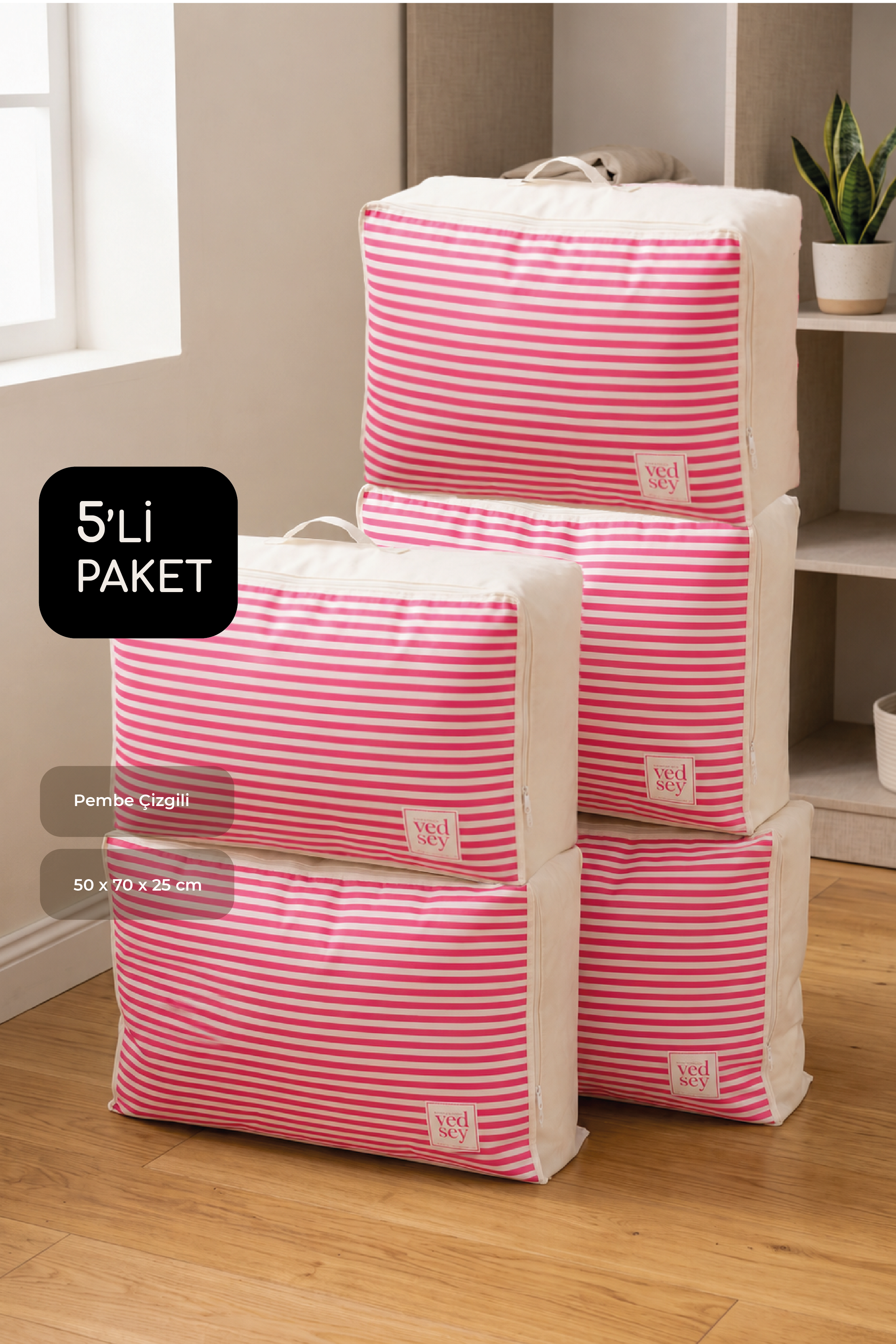 Vedsey Home Organizer5'li Set Baza Altı Düzenleyici Büyük Boy Hurç Pembe Çizgili 70x50x25 Cm