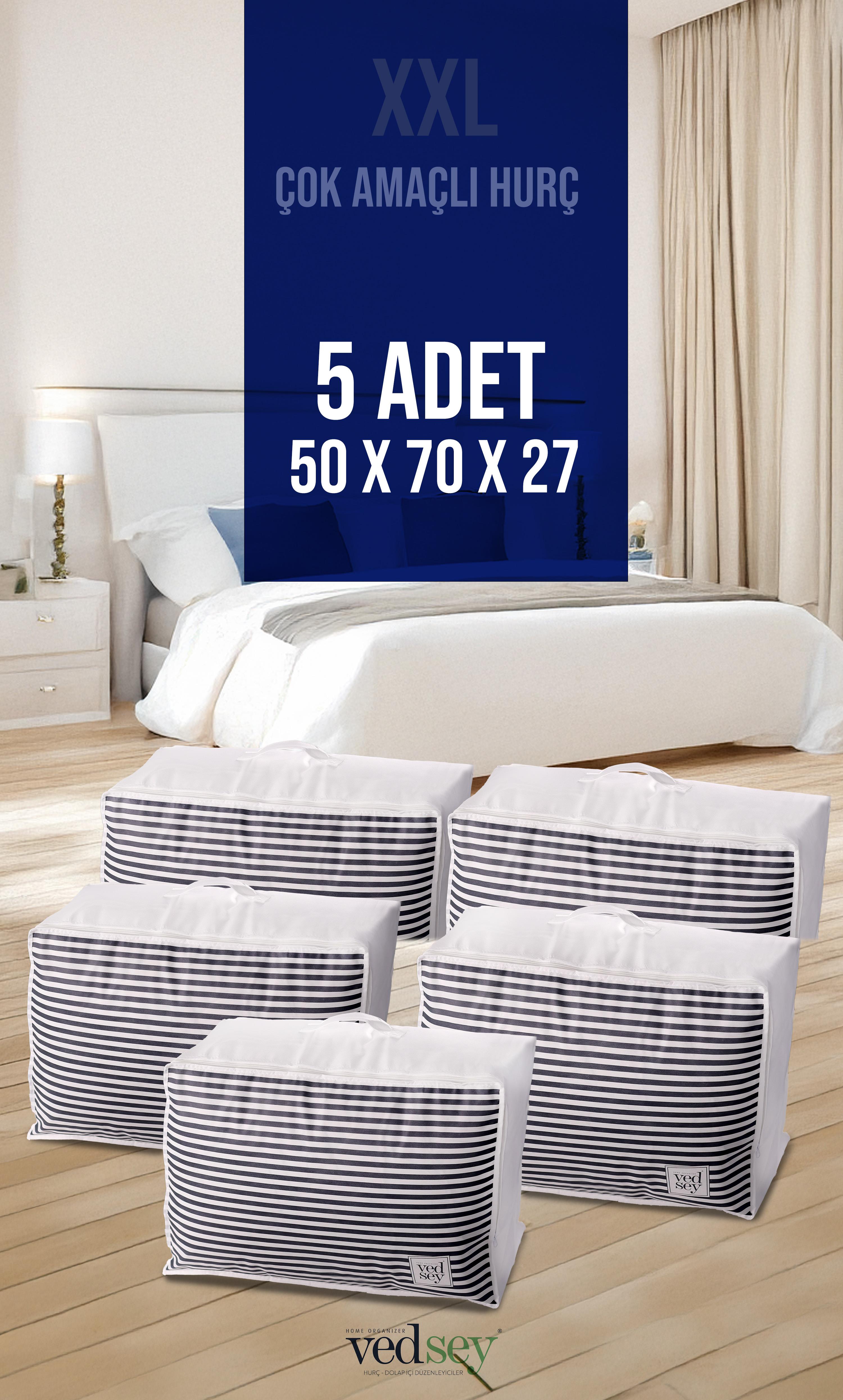 Vedsey Home Organizer5'li Set Baza Altı Düzenleyici Büyük Boy Hurç Lacivert Çizgili 70x50x25 Cm