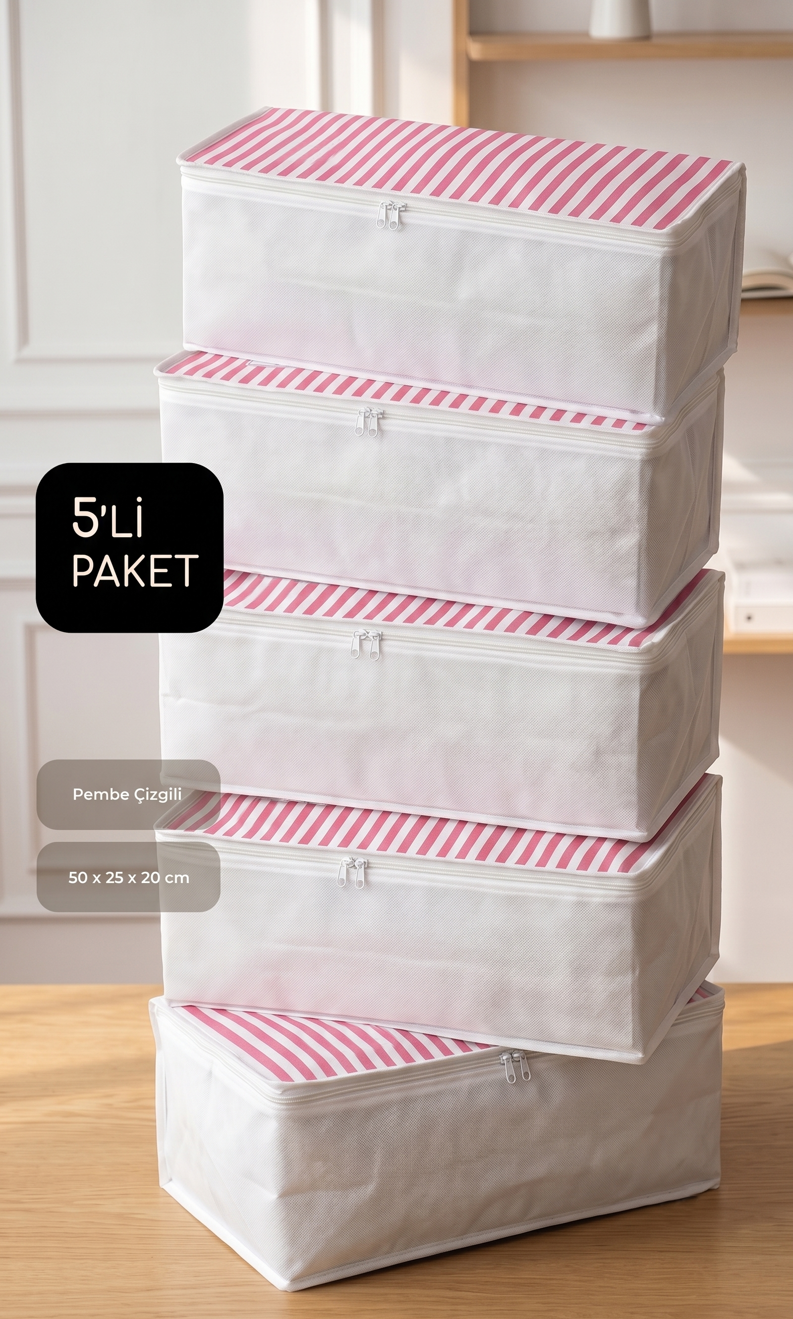 Vedsey Home Organizer5'li Set Baza Altı Düzenleyici Küçük Boy Hurç Pembe Çizgili 50x25x20 Cm