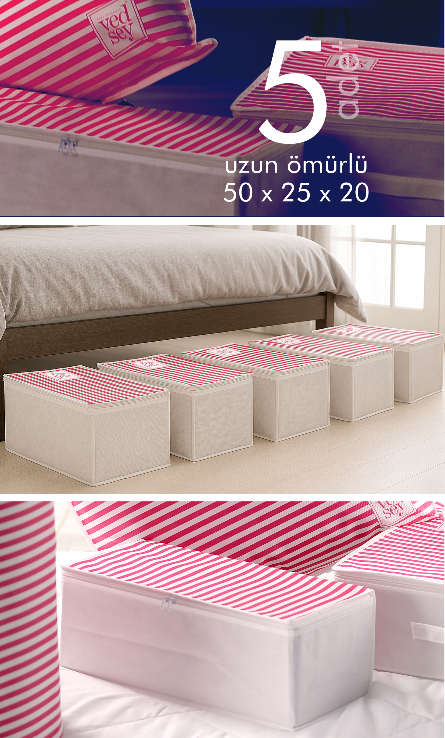 Vedsey Home Organizer5'li Set Baza Altı Düzenleyici Küçük Boy Hurç Pembe Çizgili 50x25x20 Cm