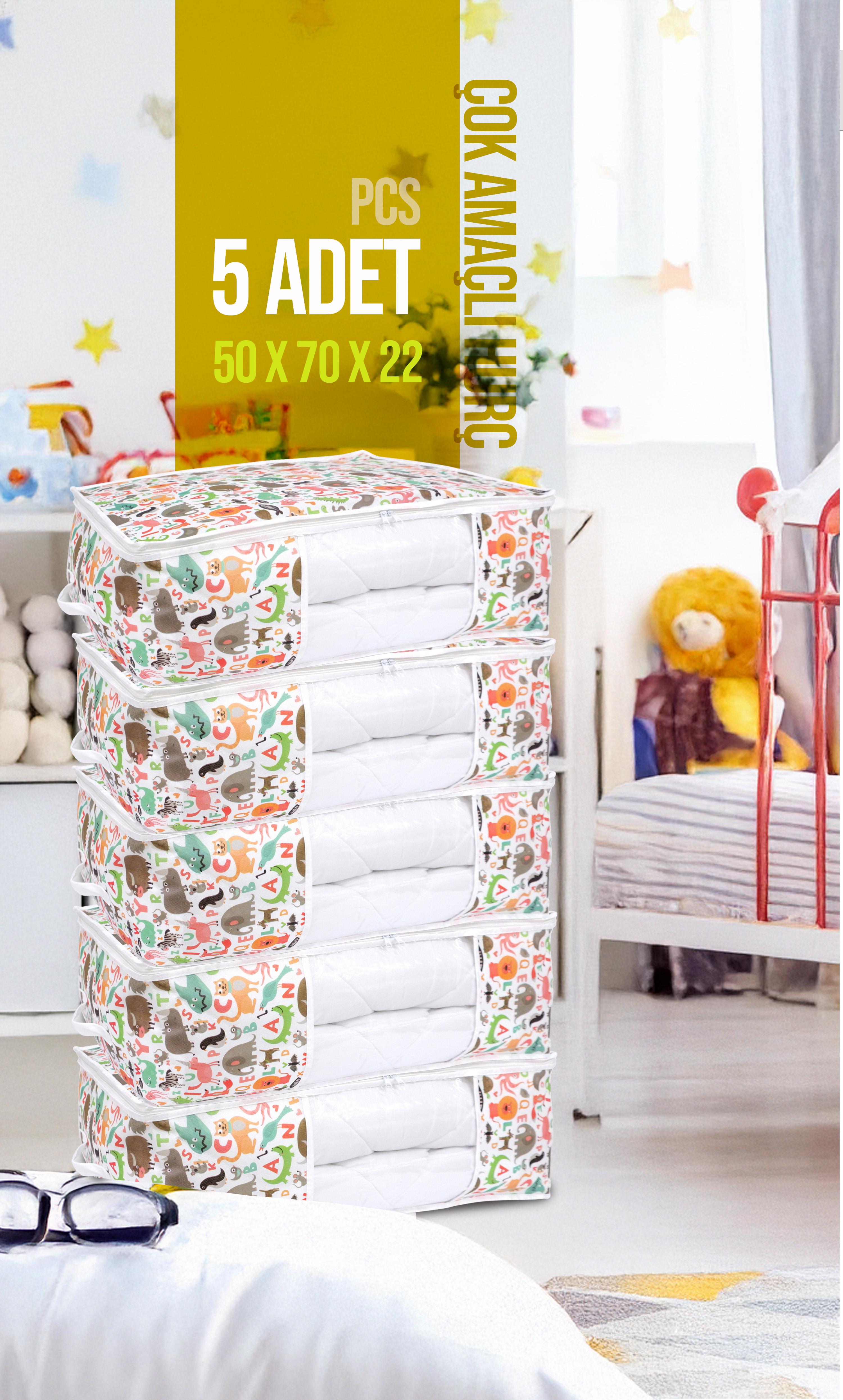 Vedsey Home Organizer5'li Set Baza Altı Düzenleyici Pencereli Büyük Boy Hurç Sevimli Hayvan Desenli 70x50x25 Cm