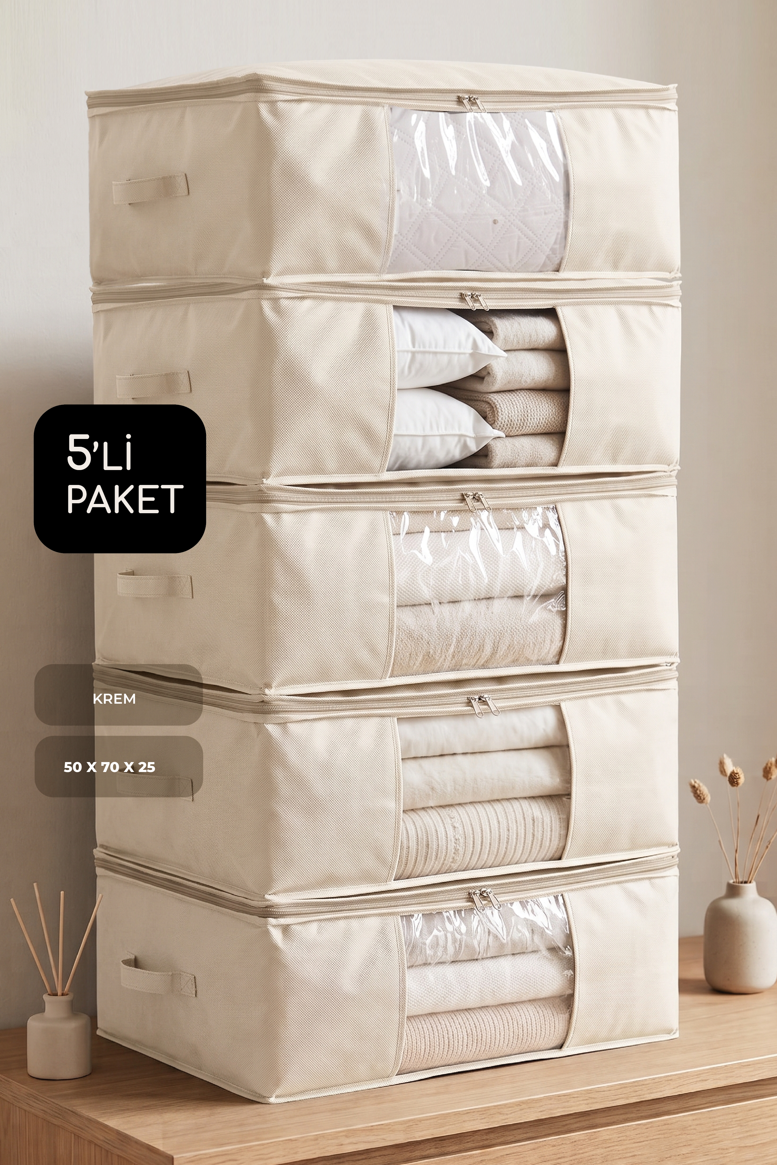 Vedsey Home Organizer5'li Set Baza Altı Düzenleyici Pencereli Büyük Boy Hurç Krem 70x50x25 Cm
