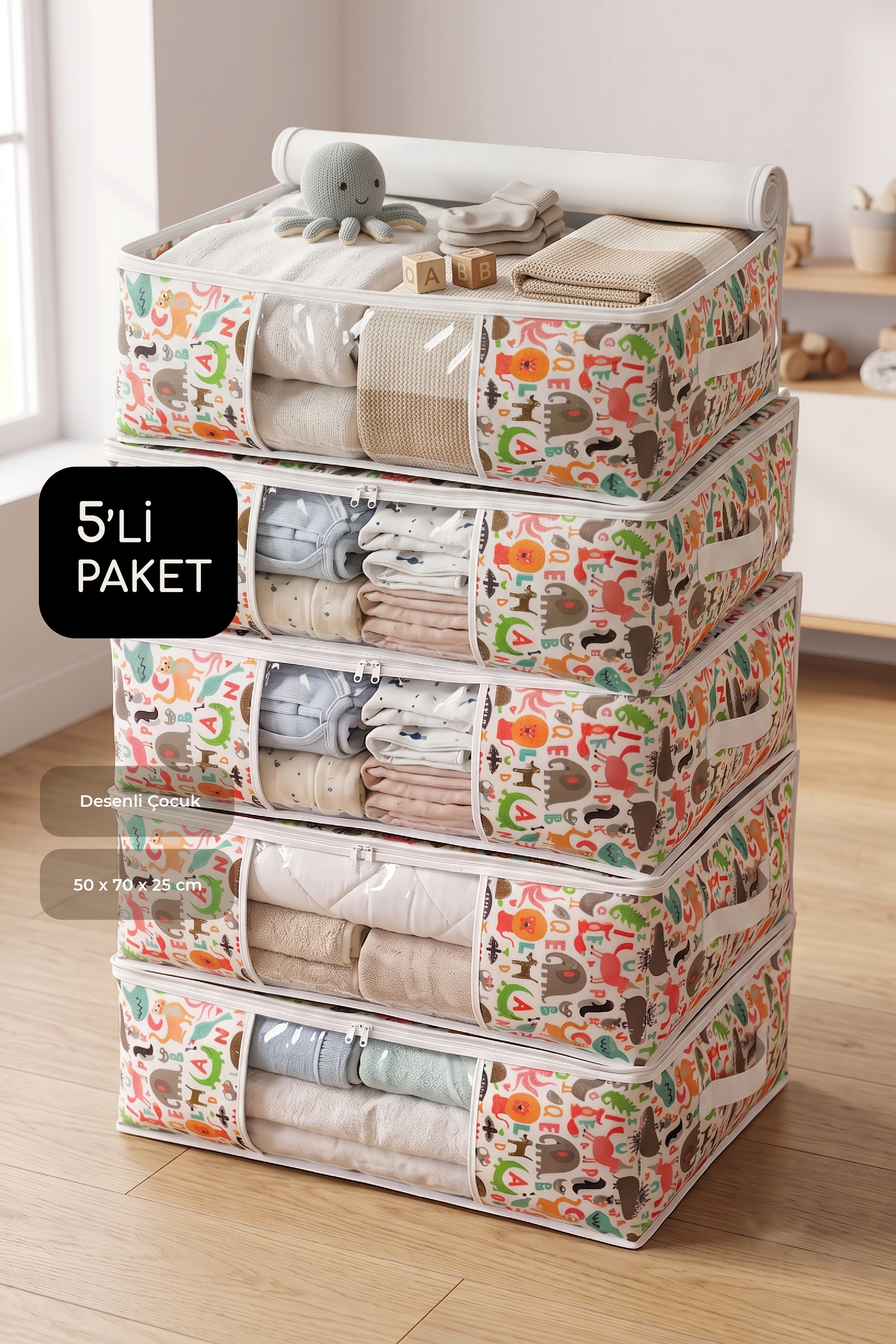 Vedsey Home Organizer5'li Set Baza Altı Düzenleyici Pencereli Büyük Boy Hurç Sevimli Hayvan Desenli 70x50x25 Cm