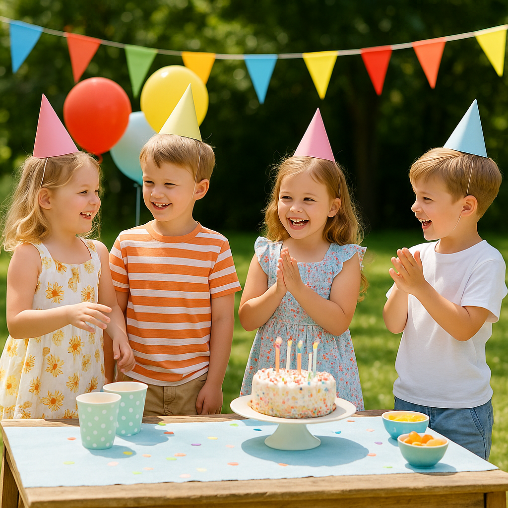 Yaz ayında doğum günü kutlayan çocuklar, açık hava parti konsepti, eğlenceli balon ve süslemeler