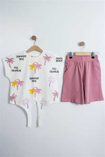 Kız Çocuk Palmiye Desenli Önden Bağlamalı Şortlu Takım
