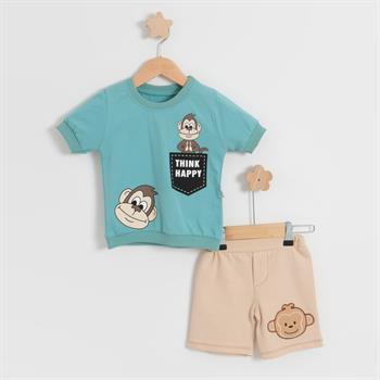 Erkek Bebek Pamuklu Sevimli Maymun Desenli Şortlu Mavi Süprem Takım