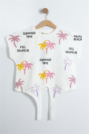 Kız Çocuk Palmiye Desenli Önden Bağlamalı Şortlu Takım