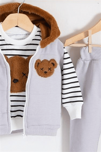 Kız Bebek Peluşlu Kürklü Ayı Baskılı Unisex 2 İp Üçlü Takım