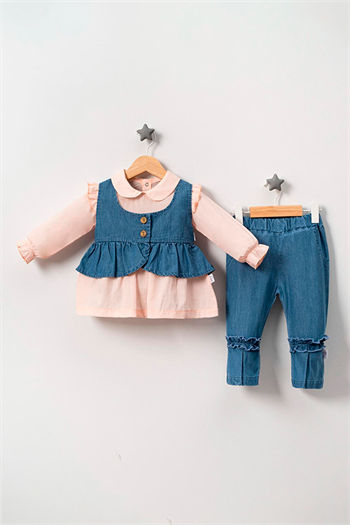 Kız Bebek Kot Yelekli Üçlü Takım Somon