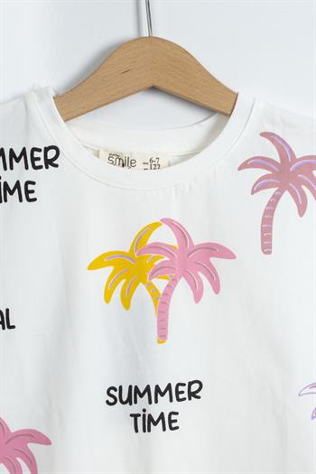 Kız Çocuk Palmiye Desenli Önden Bağlamalı Şortlu Takım