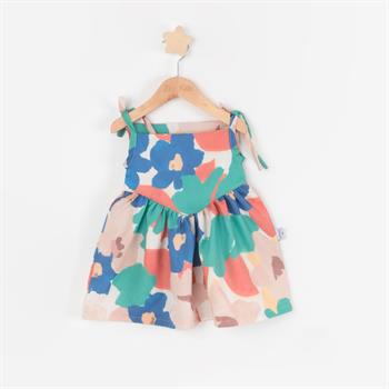 Kız Bebek Renkli Çiçekli İp Askılı Dokuma Elbise Örme Hırkalı