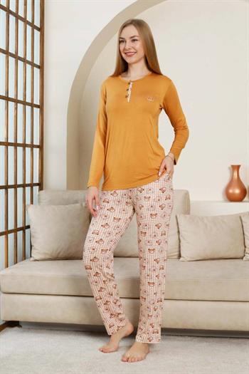 Ayıcık Desenli Kadın Pijama Takımı - Açık kahve Renk Likralı Viskon Uzun Kollu 2849UY