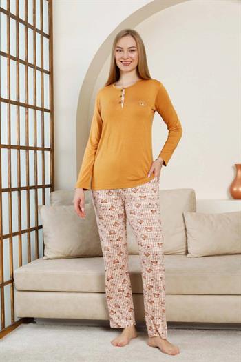 Ayıcık Desenli Kadın Pijama Takımı - Açık kahve Renk Likralı Viskon Uzun Kollu 2849UY