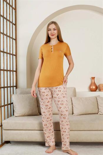 Ayıcık Desenli Kadın Pijama Takımı - Açık kahve Renk Likralı Viskon Kısa Kollu 2849KY