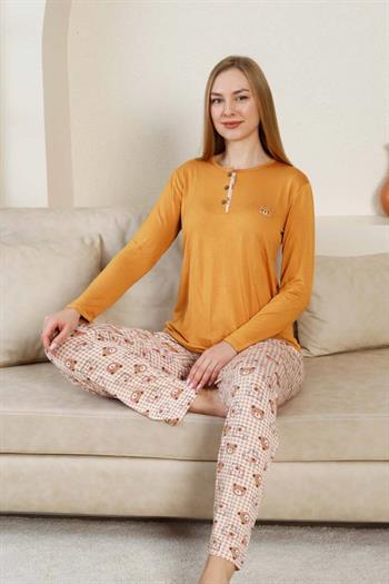 Ayıcık Desenli Kadın Pijama Takımı - Açık kahve Renk Likralı Viskon Uzun Kollu 2849UY