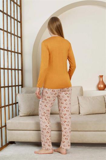 Ayıcık Desenli Kadın Pijama Takımı - Açık kahve Renk Likralı Viskon Uzun Kollu 2849UY